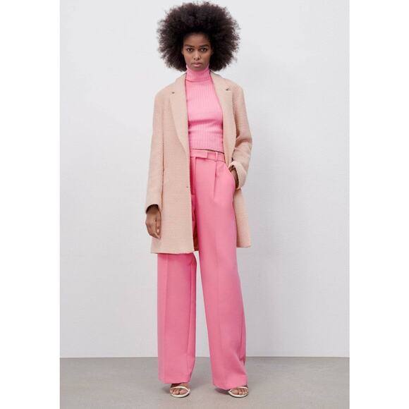 Zara Tweed Long Textured Collared Single Breasted Blazer Coat Pastel Pink Small - Picture 1 of 11
